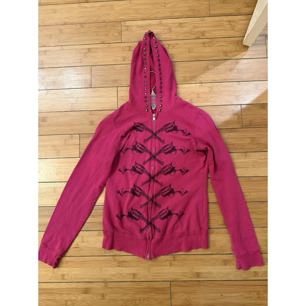 Y2K True Love Pink Custom Studded Revolver Gun Hoodie Sz M